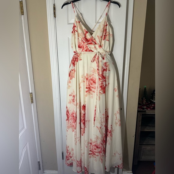 Lulus: Cream and Coral Floral Print Wrap Maxi Dress - Picture 2 of 9